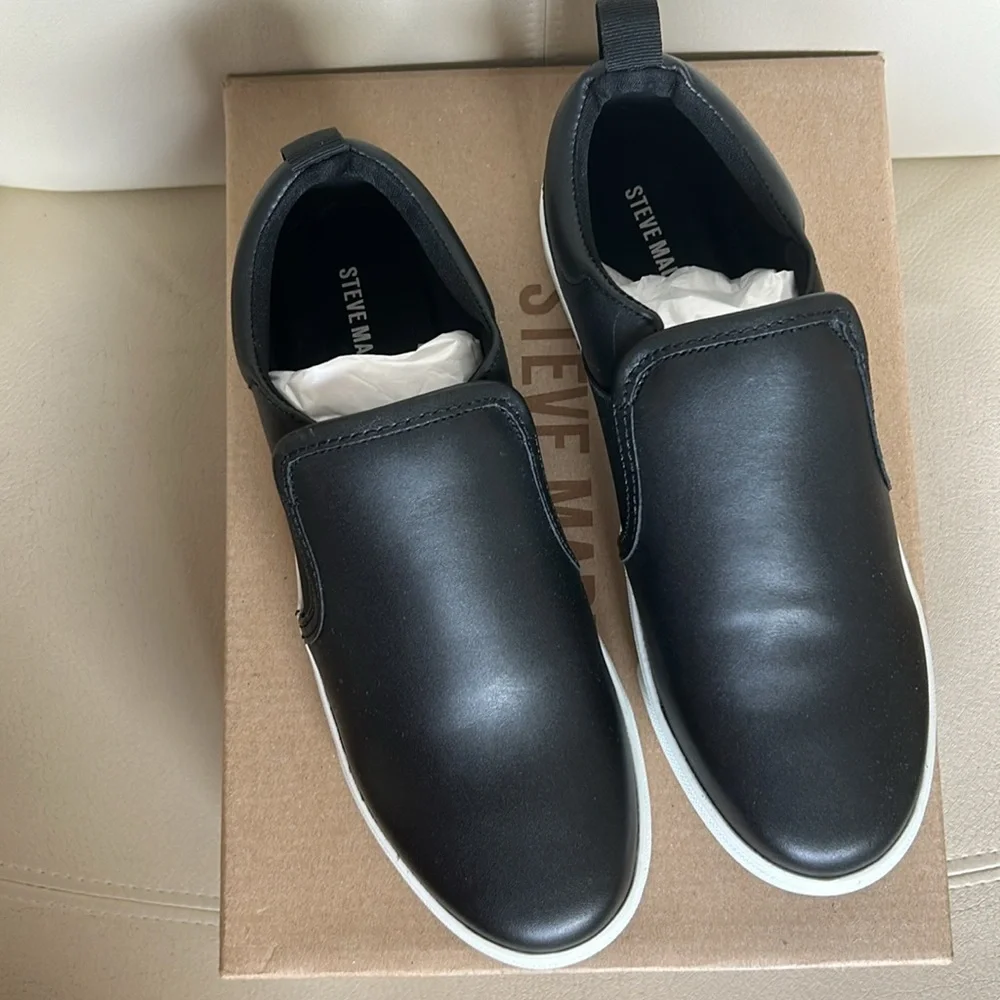 Steve Madden Boys Black Slip-On Sneakers with White Sole